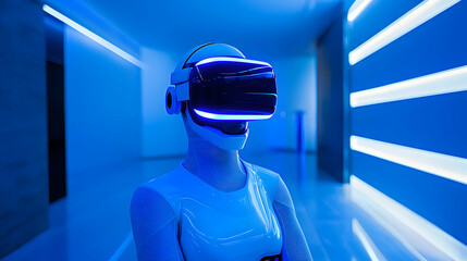 Robot wearing goggles interacts inside futuristic hallway lit brightly