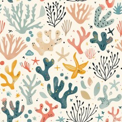 seamless minimal doodle pattern of abstract sea creatures and coral shapes, soft beige and aqua color palette