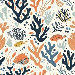 seamless minimal doodle pattern of abstract sea creatures and coral shapes, soft beige and aqua color palette