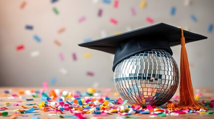 graduation cap on a disco ball, celebration vibe, space for copy