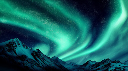 Vibrant green and purple aurora dancing over snowy peaks, a celestial spectacle of nature's magic.