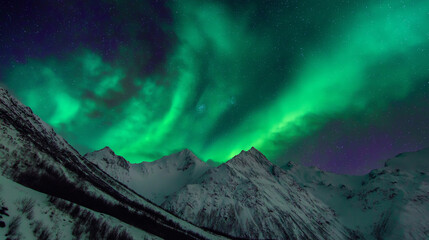 Vibrant green and purple aurora dancing over snowy peaks, a celestial spectacle of nature's magic.