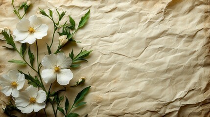 White blossoms with green leaves on a textured, aged paper background