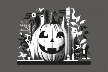Fototapeta premium Halloween pumpkin carved with a grinning face surrounded by a ghostly figure in a spooky minimalist setting