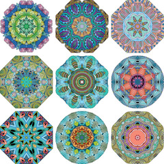 Set of colorful cute Mandalas. Decorative unusual round ornaments.