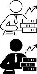 Financial Advisor Icons. Black and White Vector Illustrations. Man in Tie, Coins, and Up Arrow. Personal Finance Concept