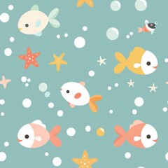 seamless minimal doodle pattern of abstract sea creatures and coral shapes, soft beige and aqua color palette