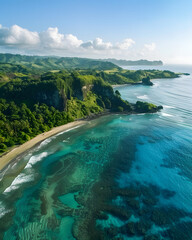 Aerial view of lush coastline and coral reefs in tropical bay