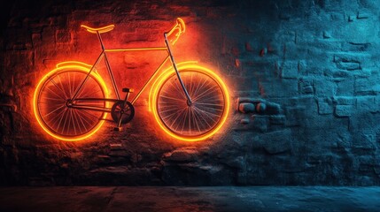 Obraz premium Illuminated bicycle with glowing neon outline against textured brick wall