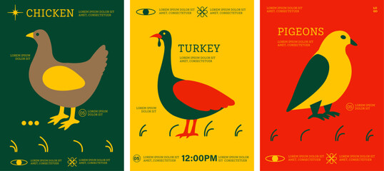 Minimalist Bird Poster Set, Featuring bold illustrations of chickens, turkeys, and pigeons in striking green, yellow, and red tones