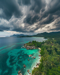 Tropical coastline with vibrant coral reef and stormy sky