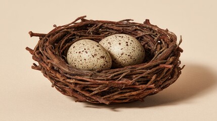 Obraz premium Two speckled eggs nestled in a rustic bird's nest