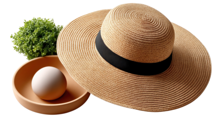 Elegant Sun Hat Composition: A chic, broad-brimmed sun hat with a stylish black band sits alongside a decorative bowl and verdant plant, creating a serene composition.
