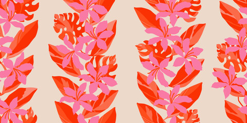 Trendy floral seamless pattern with vertical stripes. Modern flowers print design for fabric, textiles, clothing, packaging, cover, banner, home decor and backgrounds. Vector illustrations.
