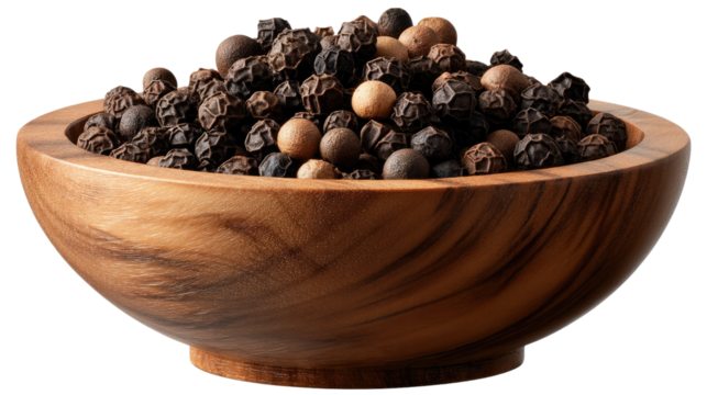 Pepper grains in Wooden Bowl: An appetizing close-up shot showcases the peppercorn arrayed in a finely crafted wooden bowl, exuding rustic appeal. This image is perfect for food.