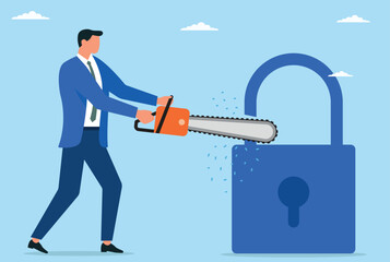 Vector illustration of a businessman trying to break into business security and cutting lock
