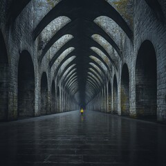 Obraz premium Solitary Figure in Ancient Stone Corridor VR Exploration 8K Photo
