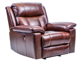 Elegant brown leather recliner chair with plush cushioning on black background