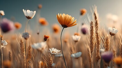 Obraz premium Bright Wildflowers in Golden Wheat Field Under Soft Morning Light