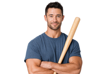 Fit handsome athlete posing with a baseball bat isolated on white background