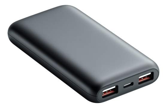 Sleek black portable power bank with two USB-A ports and a USB-C port for charging multiple devices on transparent background.