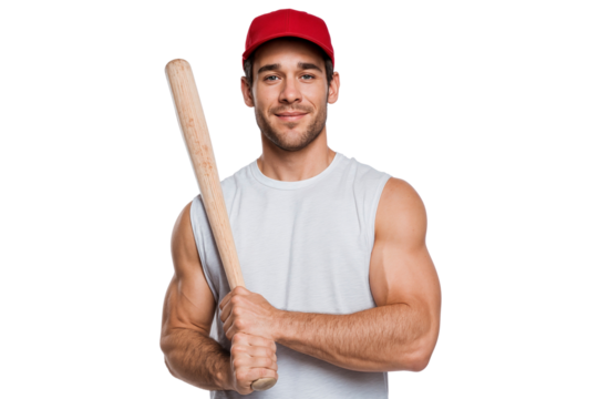 Confident young man in a sleeveless shirt and red cap holding a baseball bat, ready to play, isolated on transparent background - Powered by Adobe
