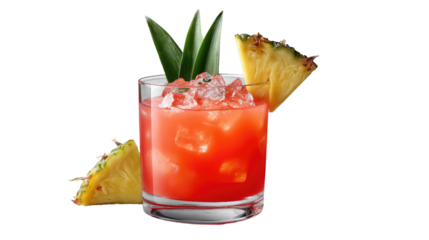 Refreshing Pineapple Cocktail: A vibrant red cocktail garnished with fresh pineapple wedges and leaves, served in a rocks glass filled with ice.  The drink is beautifully presented.
