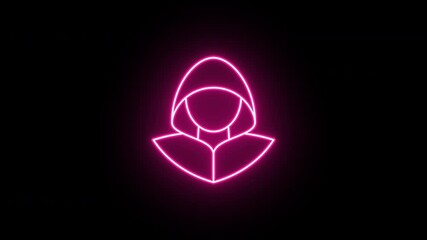 Neon hacker icon, flickering emergence and fading. Glowing neon cyber thief icon, looped animation. Hacker with hood, scammer, data theft, hacking account, internet scam. Red pink magenta colors - Powered by Adobe