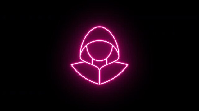 Neon hacker icon, flickering emergence and fading. Glowing neon cyber thief icon, looped animation. Hacker with hood, scammer, data theft, hacking account, internet scam. Red pink magenta colors