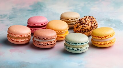 Obraz premium Close-up view of colorful macarons on a pastel background.