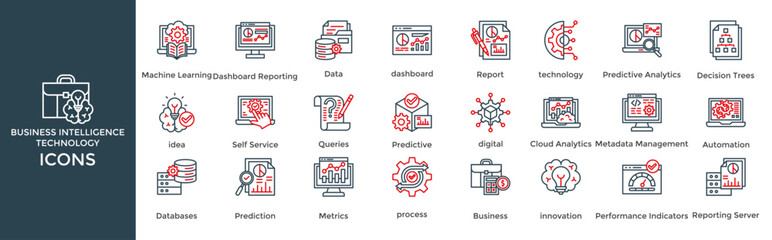 Business intelligence Technology icon set. Containing Machine Learning, Dashboard Reporting, Data, dashboard, Report