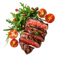 Sliced steak with salad isolated on transparent background