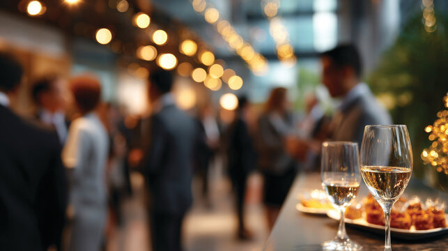 Blurred shot of business people at party or corporate event in office center 