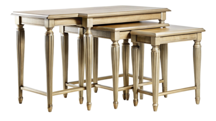 Elegant antique nesting tables in gold finish with fluted legs and cane