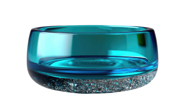 Turquoise Glass Bowl: A minimalist studio shot captures a stunning turquoise glass bowl with a rough, textured base, showcasing its elegance and craftsmanship.