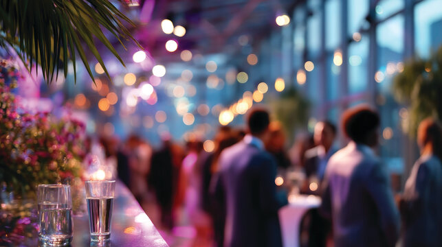 Blurred shot of business people at party or corporate event in office center 