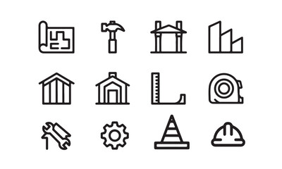 This set of 12 simple, black line icons depicts various construction elements, including blueprints, hammers, building frames, houses, measuring tools, wrenches, and safety gear.