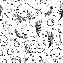 Fototapeta premium seamless minimal doodle pattern of abstract sea creatures and coral shapes, soft beige and aqua color palette