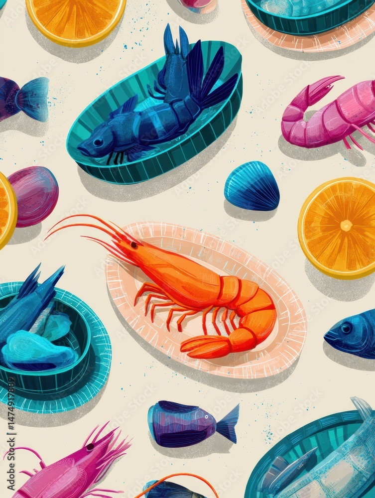 Aufkleber colorful seafood packaging illustration featuring a variety of shellfish and fish on a clean backdro