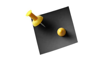 Yellow Pushpin on Black Memo: A striking close-up captures the simplicity of office essentials, showcasing a bold yellow pushpin piercing a dark black memo, with another yellow sphere resting near by