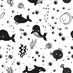 Fototapeta premium seamless minimal doodle pattern of abstract sea creatures and coral shapes, soft beige and aqua color palette
