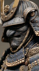 Obraz premium Ornate traditional samurai armor with intricate golden detailing and helmet crest.
