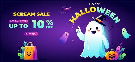 Spooky Halloween festive banner for sale 10% off with cute ghost spirit, bats, scary pumpkin, and shopping bag on an bright purple background. Halloween Sale Promotion Poster template. Halloween Party