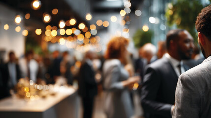 Blurred shot of business people at party or corporate event in office center 