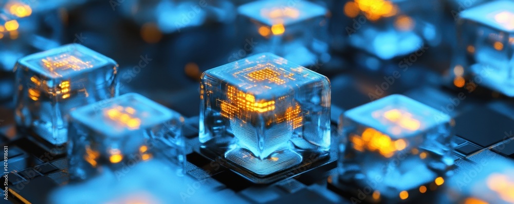 Poster technology cube grid with glowing components