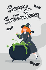 Flat Style Poster Featuring an Evil Laughing Witch and a Boiling Cauldron, Perfect for Halloween Party Invitations. Happy Halloween.