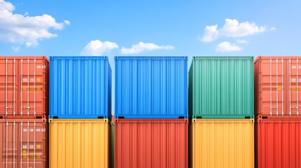 Fototapeta premium Colorful Cargo Containers Stacked Under a Blue Sky
