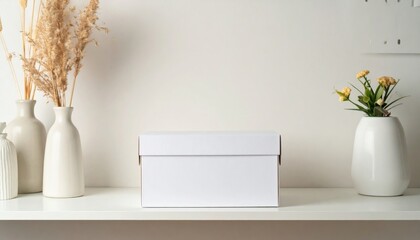 White Box on Shelf with Vases and Flowers