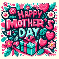 A colorful and cute Mother's Day greeting card design, featuring the words 'Happy Mother's Day'