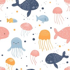 seamless minimal doodle pattern of abstract sea creatures and coral shapes, soft beige and aqua color palette